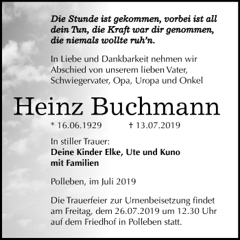 Traueranzeige von Heinz Buchmann von Mitteldeutsche Zeitung Mansfelder Land