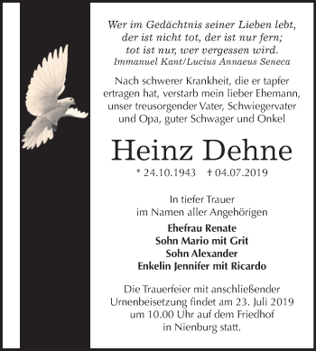 Traueranzeige von Heinz Dehne von Super Sonntag Bernburg