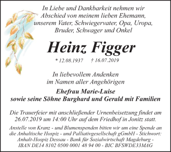 Traueranzeige von Heinz Figger von Super Sonntag Dessau-Roßlau