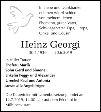Traueranzeige von Heinz Georg von Wochenspiegel Bitterfeld