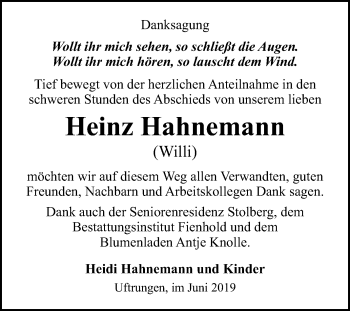 Traueranzeige von Heinz Hahnemann von Super Sonntag Sangerhausen