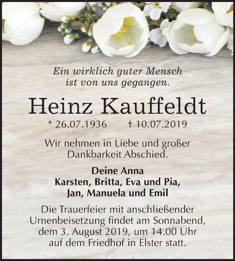  Traueranzeige für Heinz Kauffeldt vom 20.07.2019 aus Super Sonntag Wittenberg