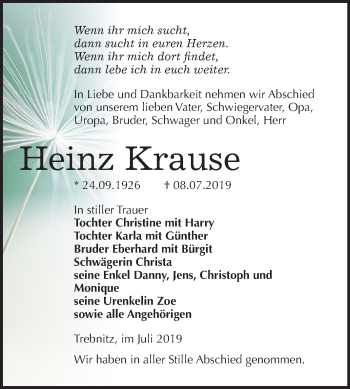 Traueranzeige von Heinz Krause von Mitteldeutsche Zeitung Weißenfels