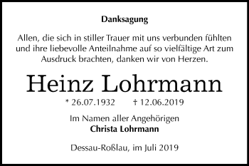 Traueranzeige von Heinz Lohrmann von Mitteldeutsche Zeitung Dessau-Roßlau
