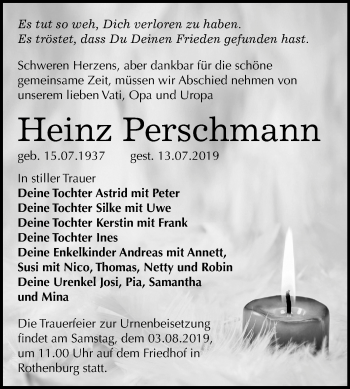 Traueranzeige von Heinz Perschmann von Mitteldeutsche Zeitung Halle/Saalkreis