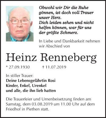 Traueranzeige von Heinz Renneberg von Super Sonntag Köthen