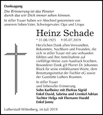 Traueranzeige von Heinz Schade von Super Sonntag Wittenberg