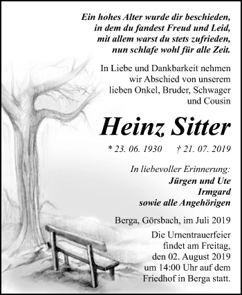 Traueranzeige von Heinz Sitter von Super Sonntag Sangerhausen