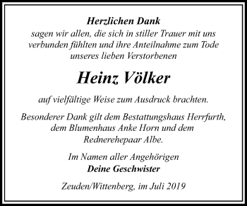 Traueranzeige von Heinz Völker von Super Sonntag Wittenberg
