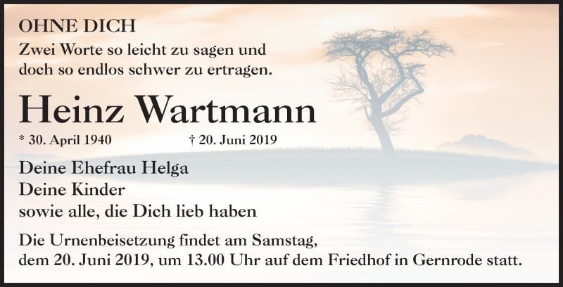  Traueranzeige für Heinz Wartmann vom 06.07.2019 aus Super Sonntag Quedlinburg