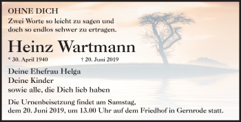 Traueranzeige von Heinz Wartmann von Mitteldeutsche Zeitung Quedlinburg