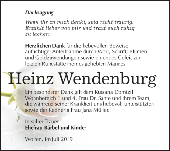 Traueranzeige von Heinz Wendenburg von Mitteldeutsche Zeitung Bitterfeld