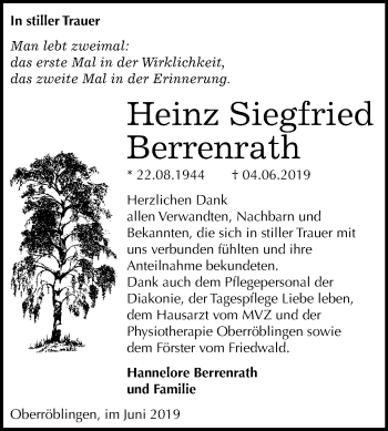 Traueranzeige von Heinz Siegfried Berrenrath von Super Sonntag Sangerhausen