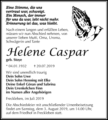 Traueranzeige von Helene Caspar von Super Sonntag Aschersleben
