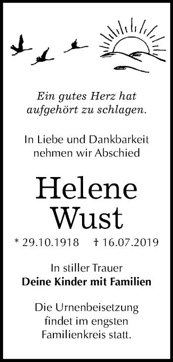 Traueranzeige von Helene Wust von Mitteldeutsche Zeitung Wittenberg