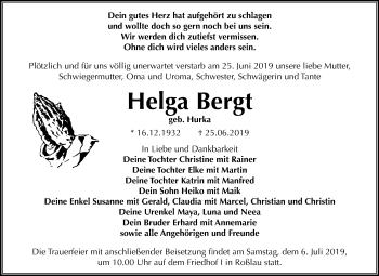 Traueranzeige von Helga Bergt von Wochenspiegel Dessau-Roßlau