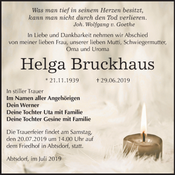 Traueranzeige von Helga Bruckhaus von Mitteldeutsche Zeitung Wittenberg