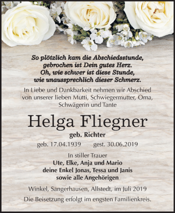 Traueranzeige von Helga Fliegner von Super Sonntag Sangerhausen