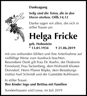 Traueranzeige von Helga Fricke von Wochenspiegel Naumburg/Nebra