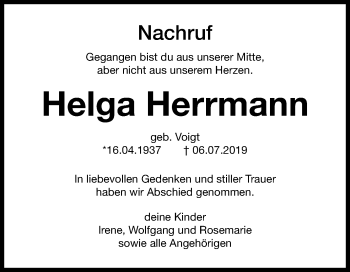 Traueranzeige von Helga Herrmann von Mitteldeutsche Zeitung Weißenfels