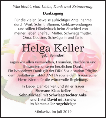 Traueranzeige von Helga Keller von Mitteldeutsche Zeitung Zeitz