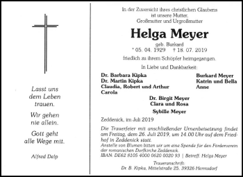 Traueranzeige von Helga Meyer von Mitteldeutsche Zeitung Quedlinburg