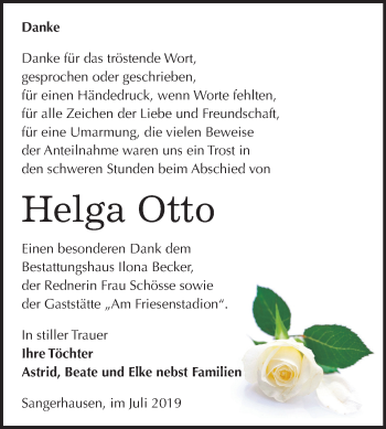 Traueranzeige von Helga Otto von Mitteldeutsche Zeitung Sangerhausen