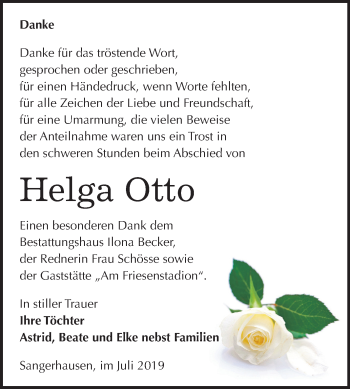 Traueranzeige von Helga Otto von Super Sonntag Sangerhausen