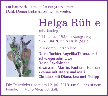 Traueranzeige von Helga Rühle von Mitteldeutsche Zeitung Halle/Saalkreis