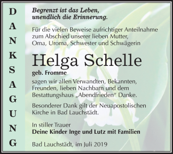 Traueranzeige von Helga Schelle von Super Sonntag Merseburg/Querfurt