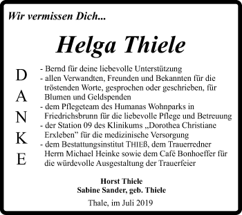 Traueranzeige von Helga Thiele von Super Sonntag Quedlinburg