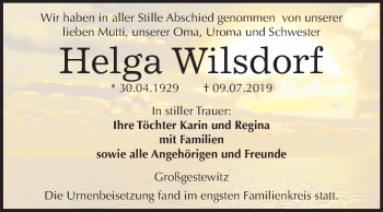 Traueranzeige von Helga Wilsdorf von Wochenspiegel Naumburg/Nebra