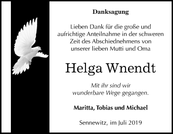 Traueranzeige von Helga Wnendt von Mitteldeutsche Zeitung Halle/Saalkreis