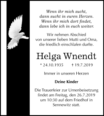 Traueranzeige von Helga Wnendt von Mitteldeutsche Zeitung Halle/Saalkreis