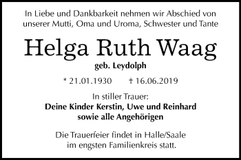 Traueranzeige von Helga Ruth Waag von Mitteldeutsche Zeitung Bitterfeld