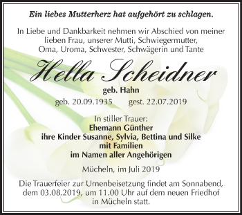 Traueranzeige von Hella Scheidner von Mitteldeutsche Zeitung Merseburg/Querfurt