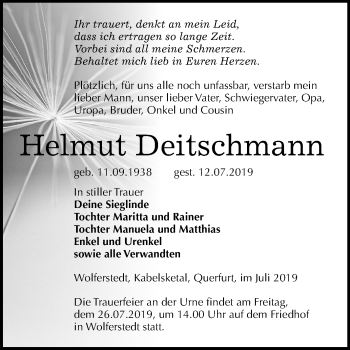 Traueranzeige von Helmut Deitschmann von Super Sonntag Sangerhausen