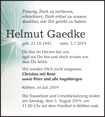 Traueranzeige von Helmut Gaedke von Mitteldeutsche Zeitung Köthen