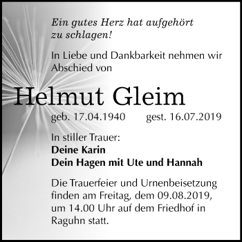 Traueranzeige von Helmut Gleim von Wochenspiegel Bitterfeld