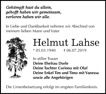 Traueranzeige von Helmut Lahse von Mitteldeutsche Zeitung Bitterfeld