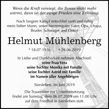 Traueranzeige von Helmut Mühlenberg von Wochenspiegel Mansfelder Land