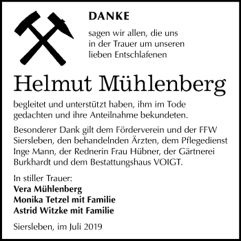 Traueranzeige von Helmut Mühlenberg von Super Sonntag Mansfelder Land