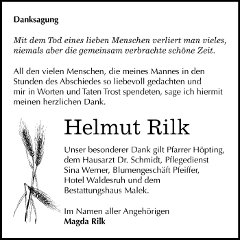 Traueranzeige von Helmut Rilk von Mitteldeutsche Zeitung Quedlinburg