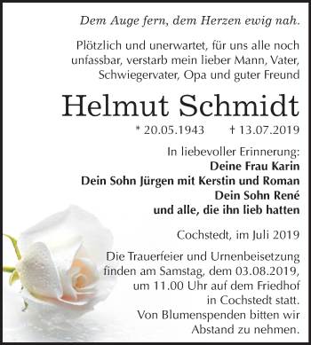 Traueranzeige von Helmut Schmidt von Mitteldeutsche Zeitung Aschersleben