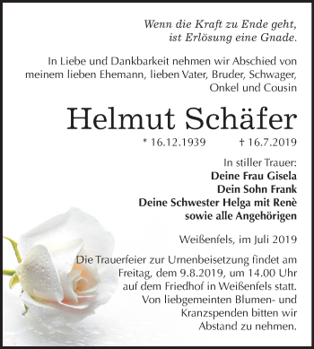 Traueranzeige von Helmut Schäfer von Mitteldeutsche Zeitung Weißenfels