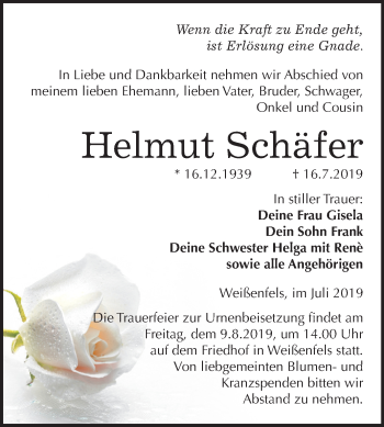 Traueranzeige von Helmut Schäfer von Wochenspiegel Weißenfels