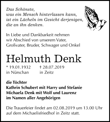 Traueranzeige von Helmuth Denk von Mitteldeutsche Zeitung Zeitz
