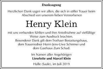 Traueranzeige von Henry Klein von Mitteldeutsche Zeitung Halle/Saalkreis