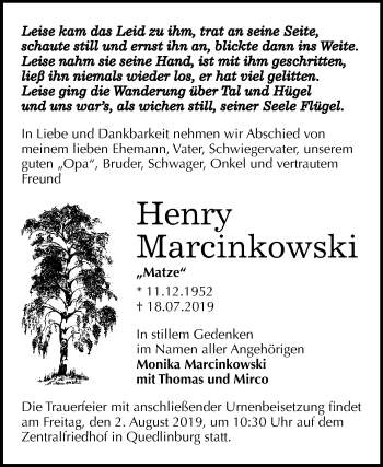 Traueranzeige von Henry Marcinkowski von Super Sonntag Quedlinburg