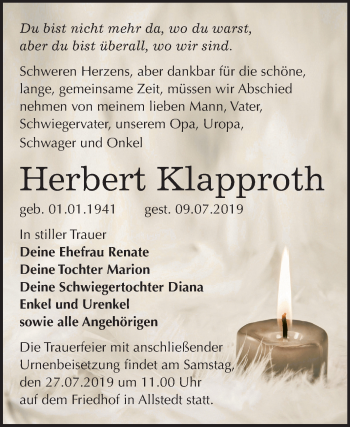 Traueranzeige von Herbert Klapproth von Mitteldeutsche Zeitung Sangerhausen